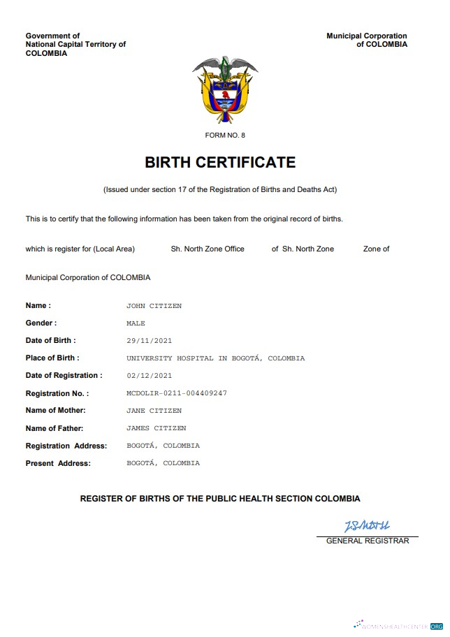 Download Colombia vital record birth certificate Word and PDF template Photoshop template